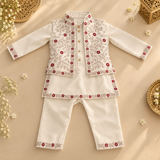 A three-piece baby outfit set laid flat on a beige background, featuring a white long-sleeve kurta, a matching embroidered vest, and trousers. The vest and kurta are decorated with red floral embroidery and gold buttons.
