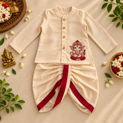 A baby outfit set laid flat on a beige fabric background, featuring a cream long-sleeve top with gold buttons and a red Ganesha embroidery, paired with matching cream dhoti pants with red side panels and waist ties. Decorative flowers, leaves, and small gold figurines surround the outfit.