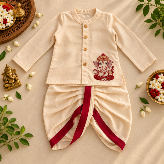 A baby outfit set laid flat on a beige fabric background, featuring a cream long-sleeve top with gold buttons and a red Ganesha embroidery, paired with matching cream dhoti pants with red side panels and waist ties. Decorative flowers, leaves, and small gold figurines surround the outfit.