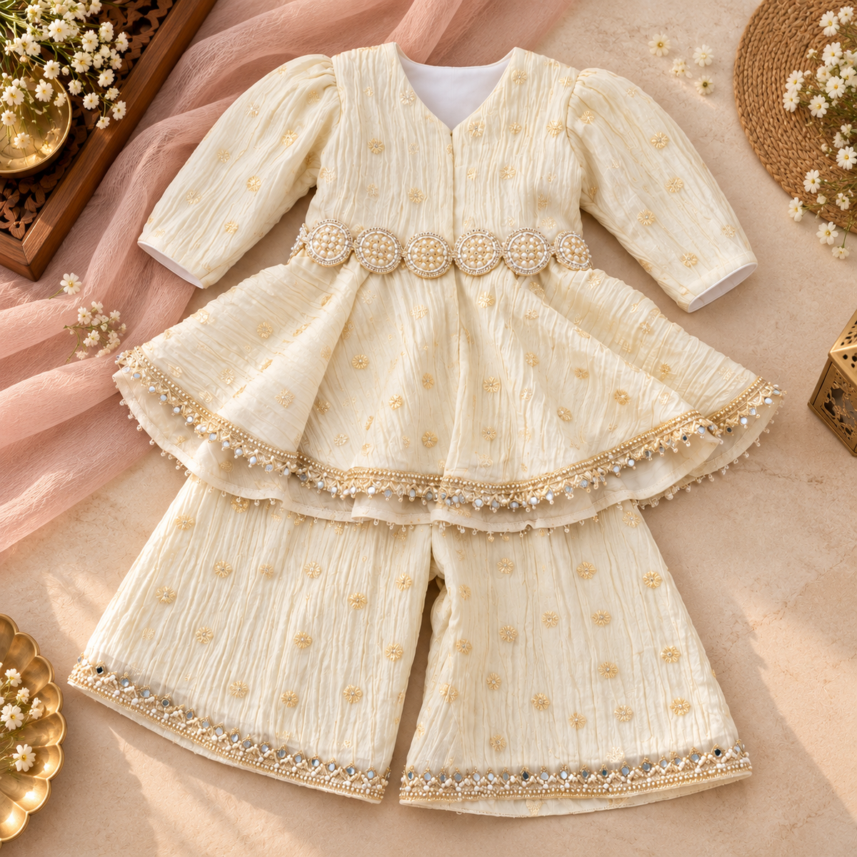 A baby girl's three-piece traditional outfit set in cream/off-white crinkle cotton with gold embroidery, featuring a long-sleeve top with a beaded waist, matching shorts, and decorative borders. The set is styled in a flat-lay arrangement with pink tulle, baby flowers, and woven elements on a beige surface.