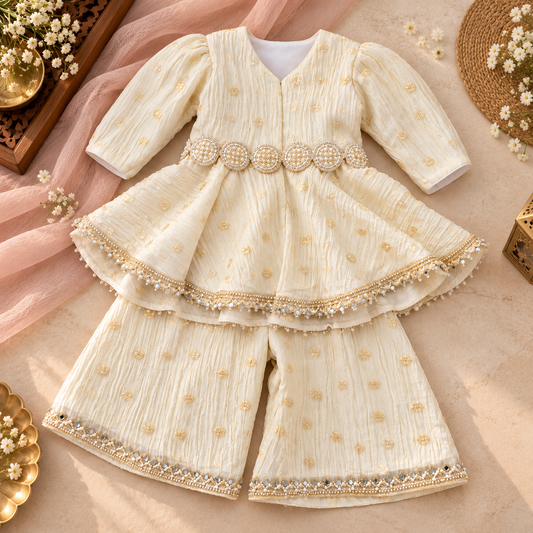 A baby girl's three-piece traditional outfit set in cream/off-white crinkle cotton with gold embroidery, featuring a long-sleeve top with a beaded waist, matching shorts, and decorative borders. The set is styled in a flat-lay arrangement with pink tulle, baby flowers, and woven elements on a beige surface.