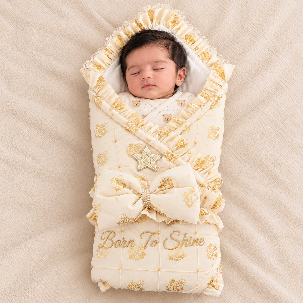 A sleeping newborn baby wrapped in a cream and gold patterned swaddle blanket with a large bow and the words 'Born To Shine' embroidered on the front, lying on a textured beige blanket.