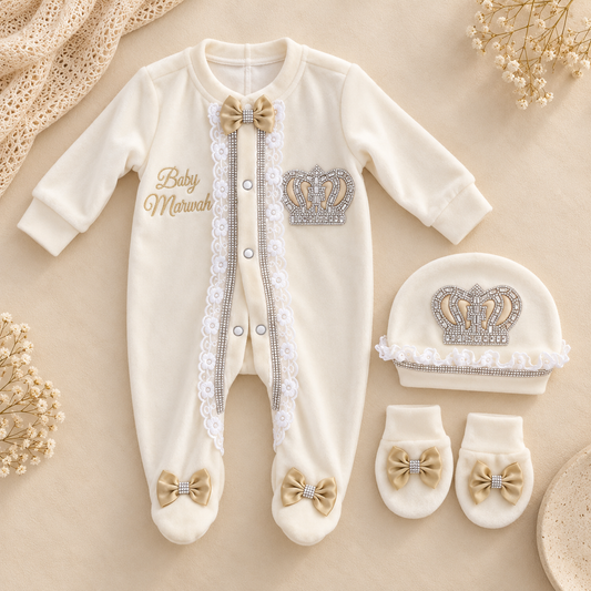 A baby footed sleeper set in cream, featuring a long-sleeve one-piece with lace trim, 'Baby Miriam' text, and crown embroidery, shown with a matching beanie, booties, and bow accessories on a beige background.