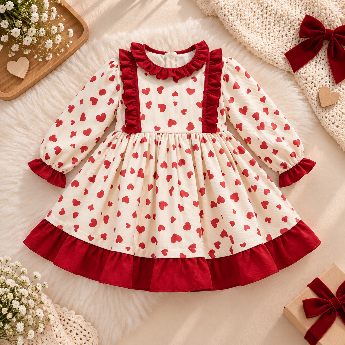 A long-sleeve baby dress with a cream base, red heart print, and red ruffle trim, styled on a white faux fur surface with decorative props.