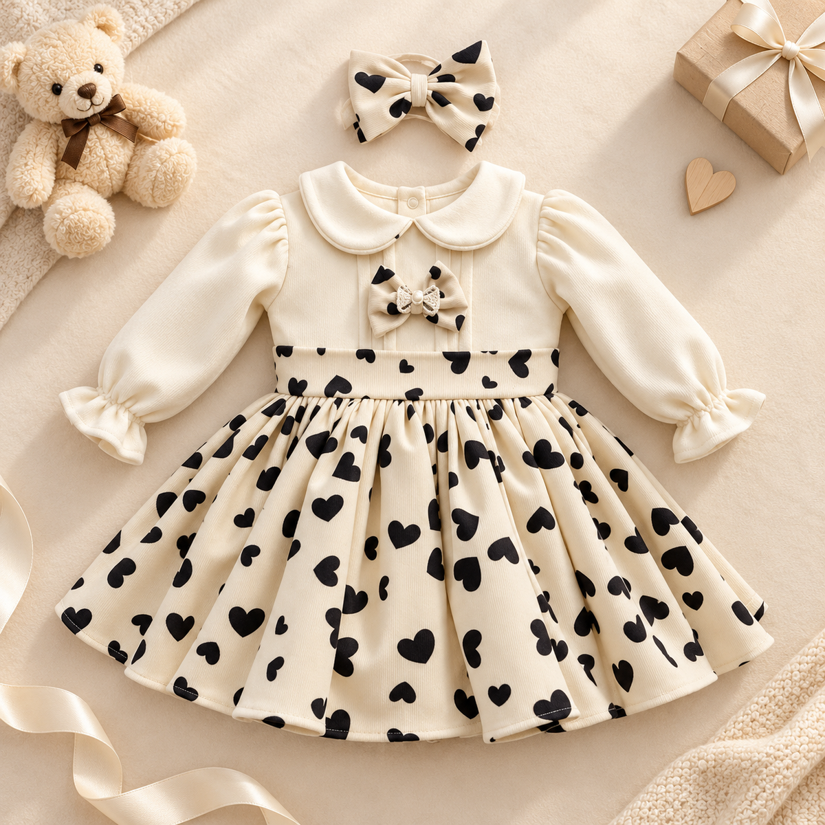 A baby girl's long-sleeve dress with a cream base and black heart pattern, styled in a flat lay with a matching bow headband, a teddy bear, and a gift box.