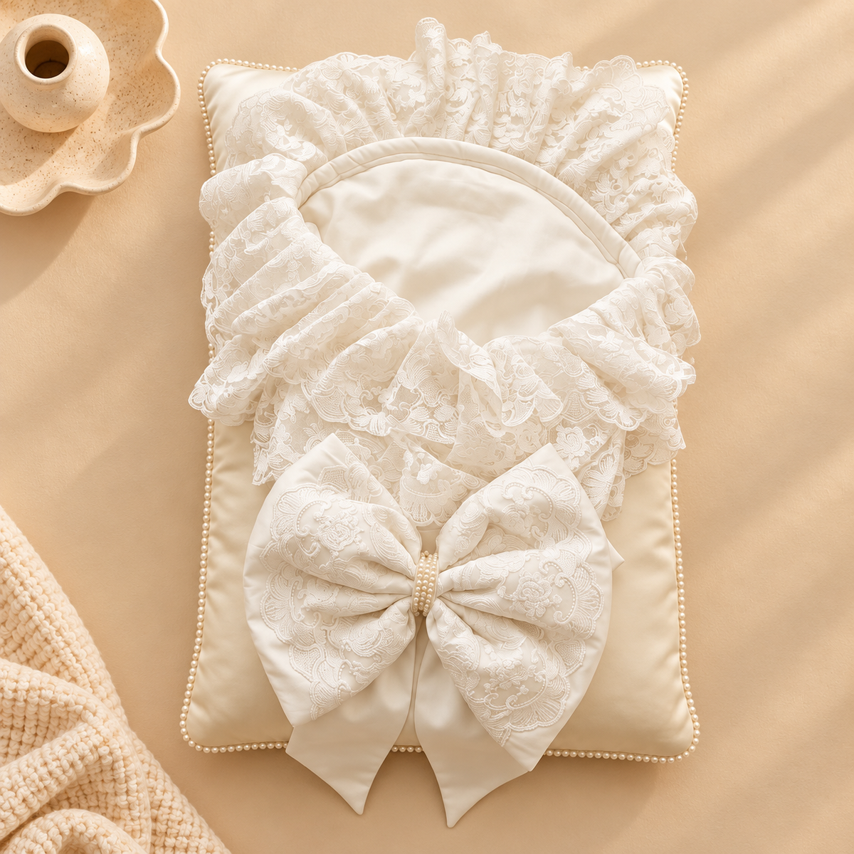A cream-colored baby pillow cover with ruffled lace trim and a large bow, displayed on a beige background with a small ceramic candle holder and a knit blanket.