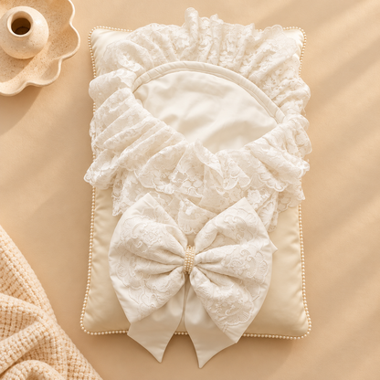 A cream-colored baby pillow cover with ruffled lace trim and a large bow, displayed on a beige background with a small ceramic candle holder and a knit blanket.