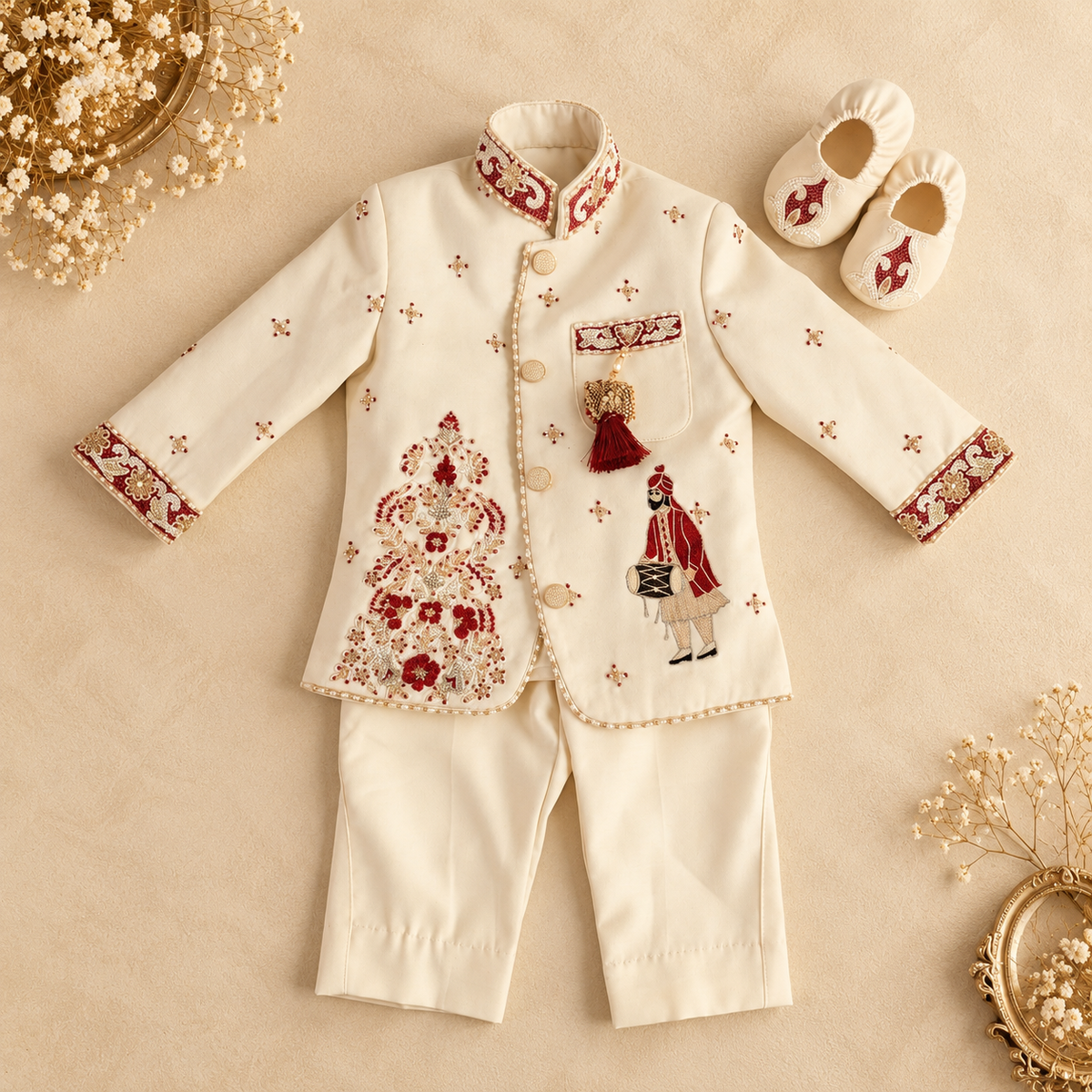 A baby's traditional Chinese embroidered outfit set consisting of a cream jacket with red and gold embroidery, matching cream pants, and a pair of cream baby booties, arranged on a beige background with decorative dried flowers.