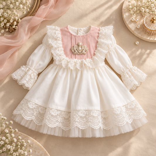 A baby girl's long-sleeve dress with a pink bodice, white lace ruffles, and a gold crown brooch, styled on a beige fabric background with baby's breath flowers and a pink ribbon.