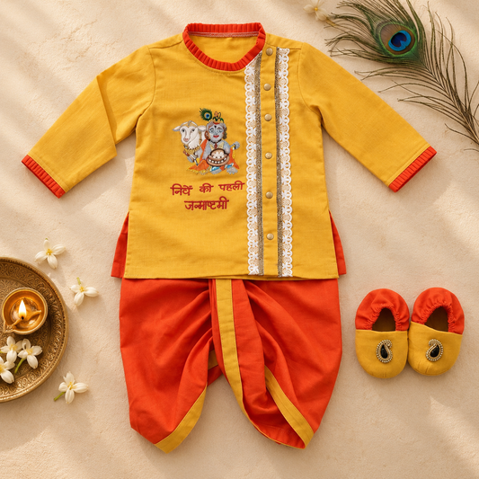 A baby clothing set laid flat on a beige fabric background, featuring a yellow long-sleeve top with red trim, a vertical white embroidered panel, a printed cartoon character and Hindi text on the chest, matching red-and-yellow dhoti pants, and a pair of yellow-and-red baby shoes. Decorative props include a peacock feather, a small lit candle in a bowl, and white flowers.