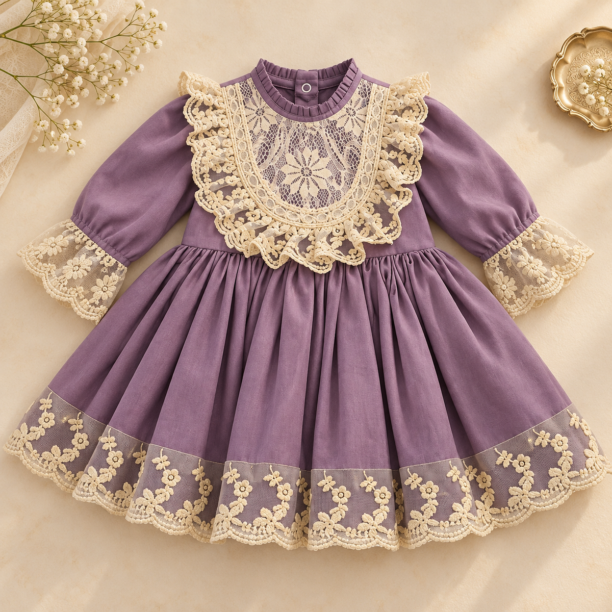 A toddler girl's long-sleeve dress in dusty purple velvet with intricate cream lace detailing on the collar, cuffs, and hem, laid flat on a beige background with decorative baby's breath flowers.