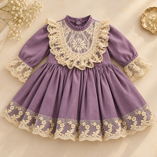 A toddler girl's long-sleeve dress in dusty purple velvet with intricate cream lace detailing on the collar, cuffs, and hem, laid flat on a beige background with decorative baby's breath flowers.