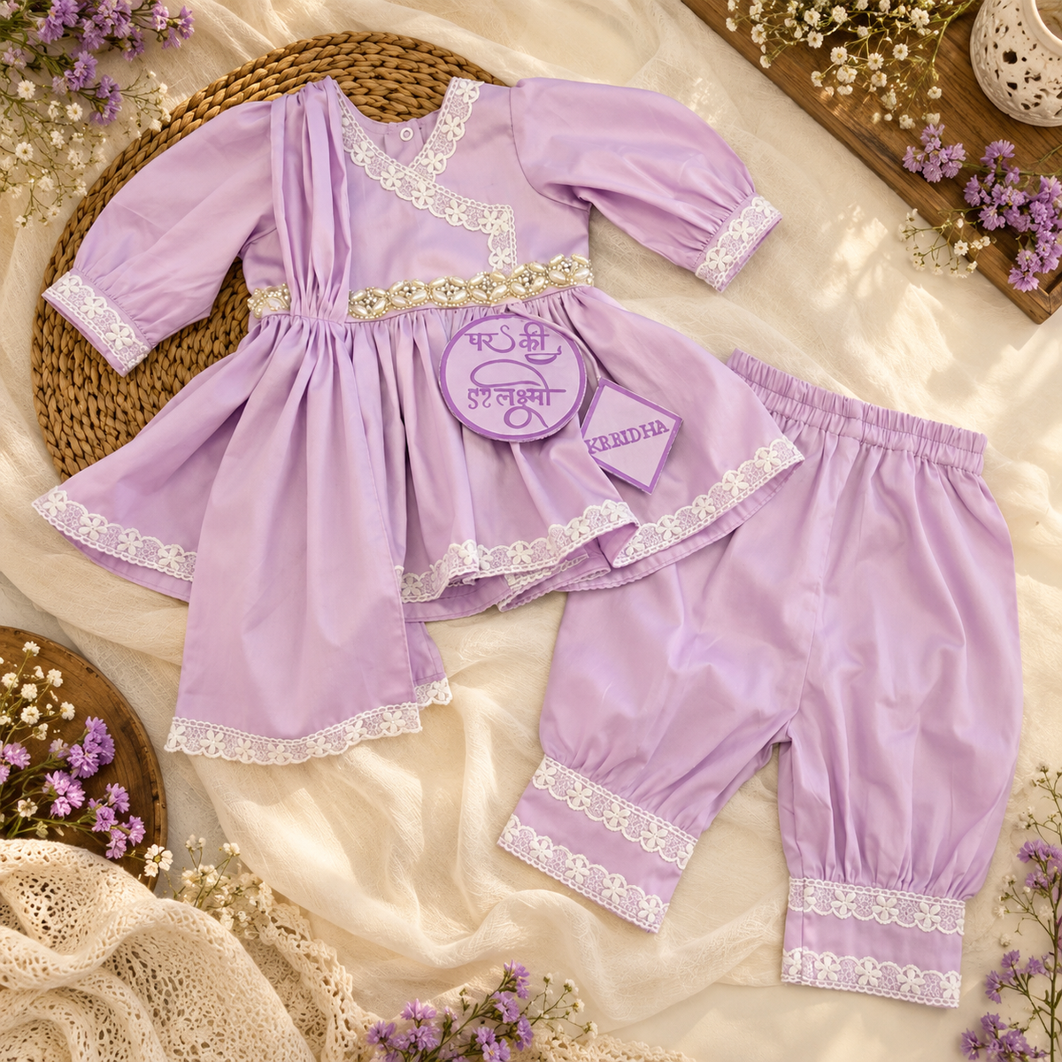 A baby outfit set in light purple/lavender, including a long-sleeve tunic dress with white lace trim and matching bloomers, styled on cream fabric with flowers and a woven tray.