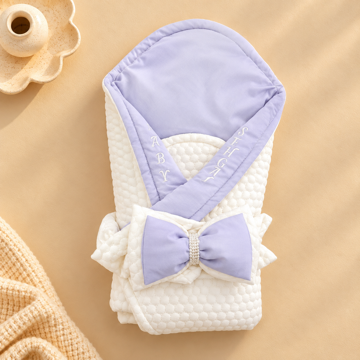 A folded baby blanket or swaddle with a large bow, shown on a warm beige background. The blanket is white with a quilted texture and features a lavender purple hood and matching bow with white embroidered lettering.