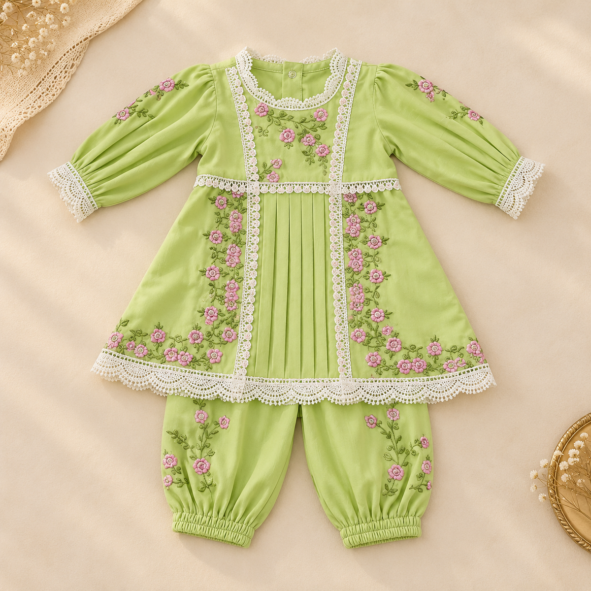 A two-piece baby outfit set consisting of a long-sleeve tunic top and matching pants in light green, decorated with pink floral embroidery and white lace trim, laid flat on a beige background.