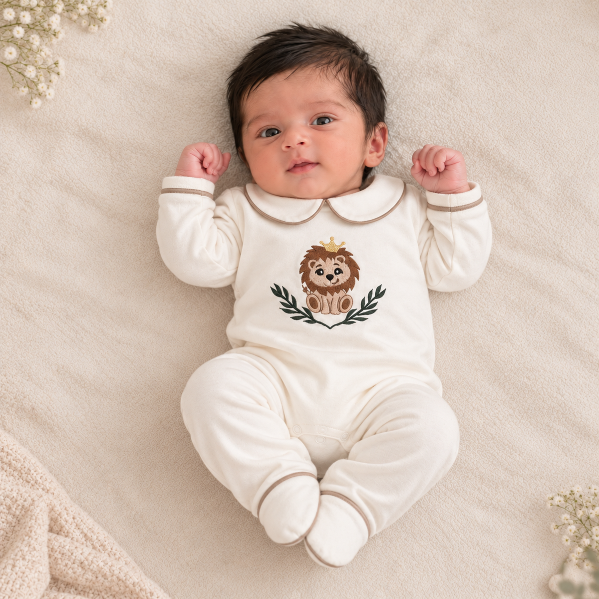 A baby lying on a soft cream blanket wearing an off-white long-sleeve footed romper with a cute embroidered lion graphic on the chest.
