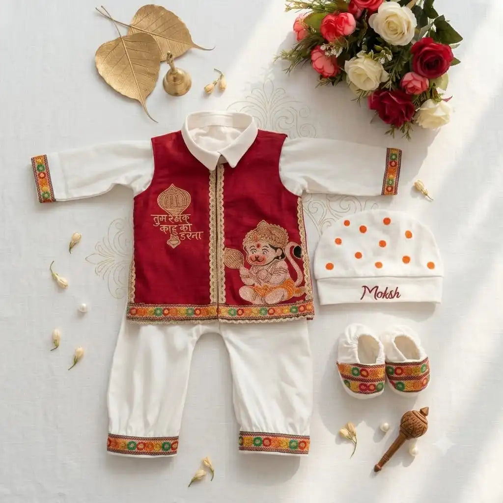 A baby clothing set arranged in a styled flat lay on a light fabric background. The set includes a maroon and off white traditional outfit with colorful decorative borders and an elephant illustration, a white beanie with orange dots and the name 'Moksh', and white baby shoes with matching colorful trim.