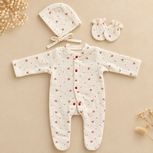 A baby footed one-piece romper set laid flat on a warm beige background, including a long-sleeve snap-front romper, matching bonnet, and mittens. The fabric is a soft off-white muslin with a scattered small red heart print.