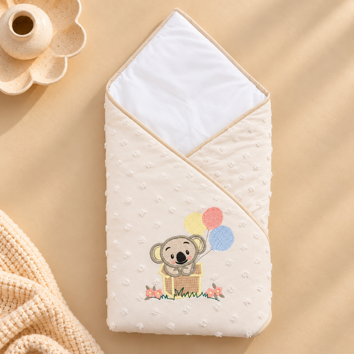 A baby swaddle blanket with a textured dotted pattern, featuring an embroidered koala in a basket with colorful balloons. The swaddle is laid flat on a warm beige background with styled props including a small ceramic vase and a knitted textile.