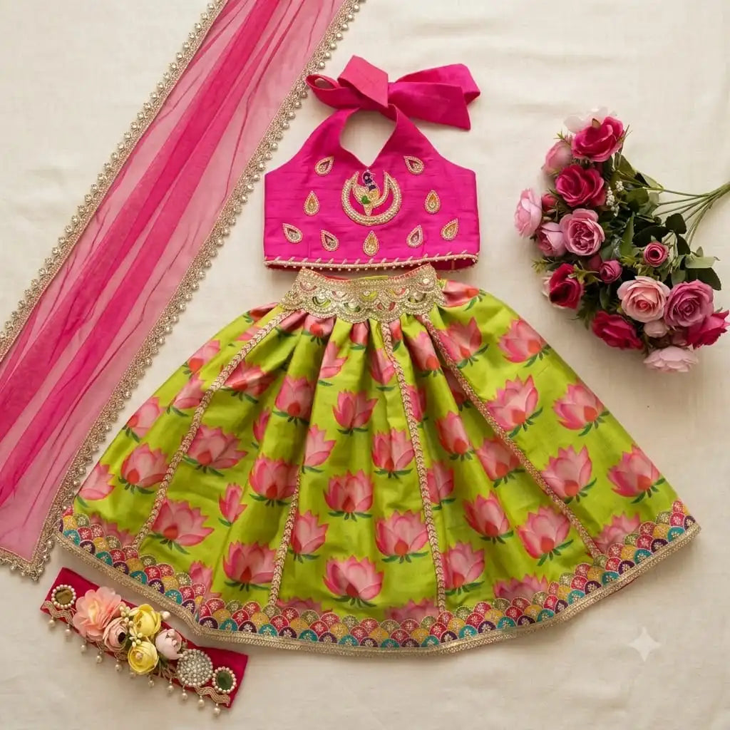 A children's traditional outfit laid flat on a light fabric background, featuring a bright pink halter top with gold embroidery, a lime green flared skirt with pink lotus print and gold border, a matching pink dupatta, and a decorative waist accessory. A bouquet of pink roses is placed to the right.