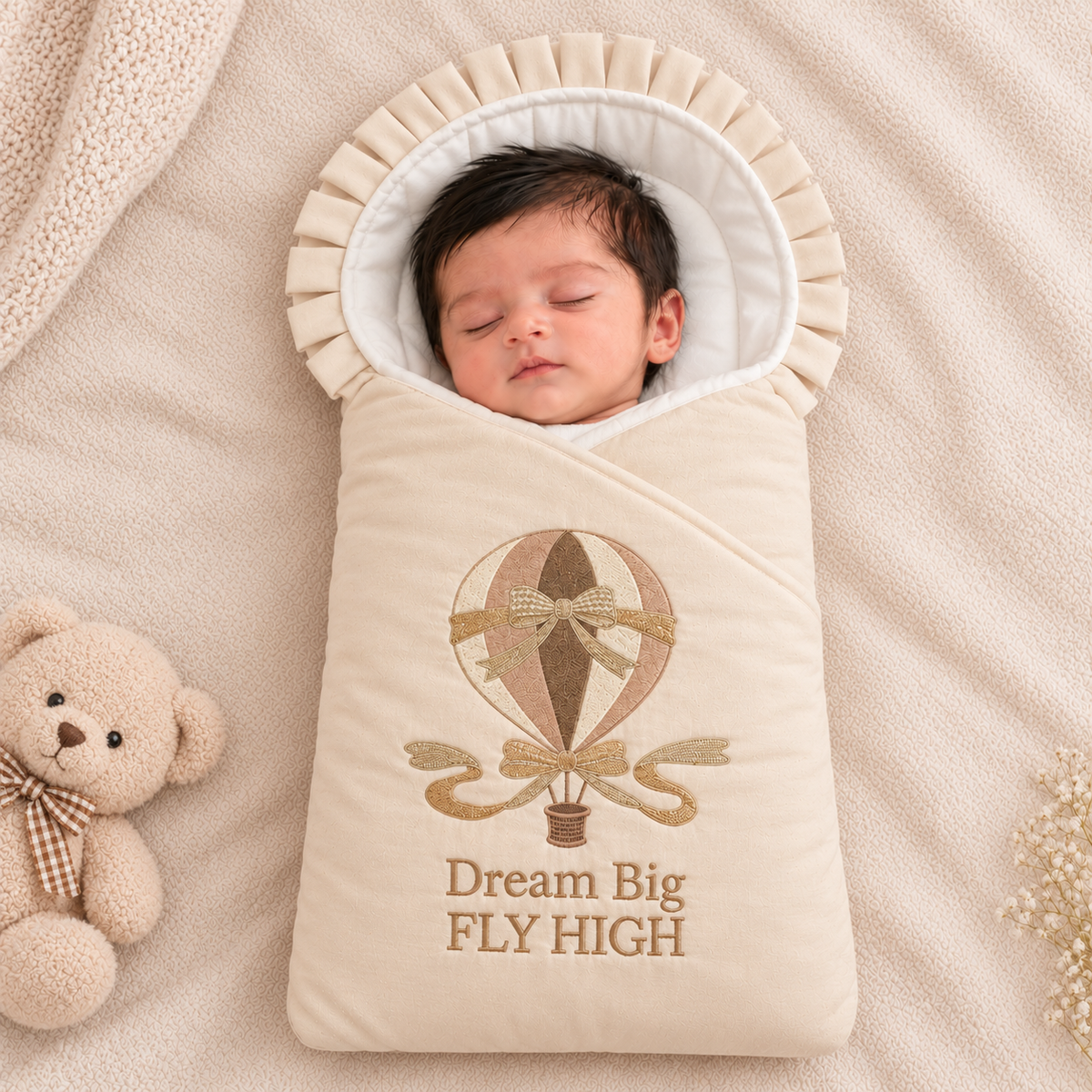 A sleeping newborn baby wrapped in a cream-colored swaddle blanket featuring a hot air balloon design and the text 'Dream Big FLY HIGH'. The baby is lying on a soft beige blanket next to a plush teddy bear.
