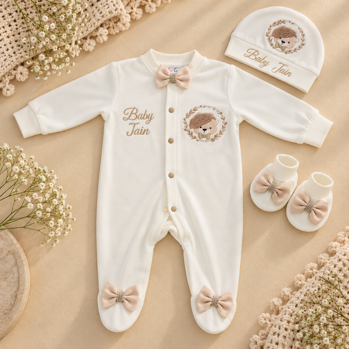 A baby outfit set laid flat on a beige surface, including a cream footless one-piece with pink bow details and 'Baby Jain' text, a matching beanie, and a pair of baby booties. Decorative flowers and a crocheted textile surround the items.