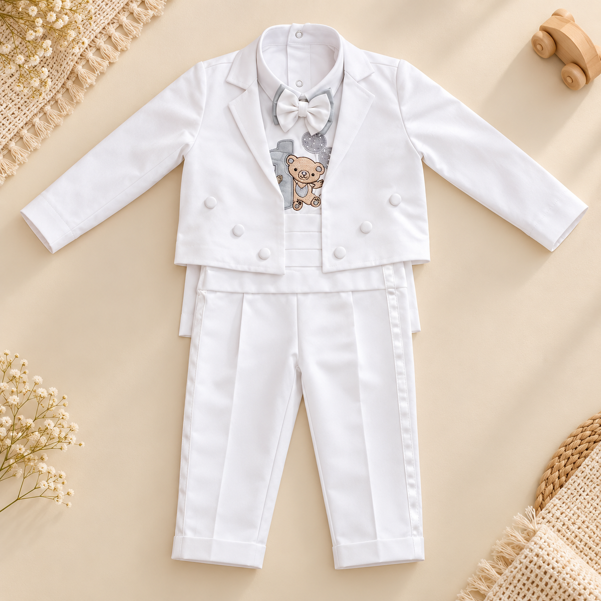 A baby boy's formal outfit set in white, featuring a long-sleeve blazer jacket with double-breasted buttons, matching trousers, a white dress shirt, a white bow tie, and a vest with a cartoon bear graphic.