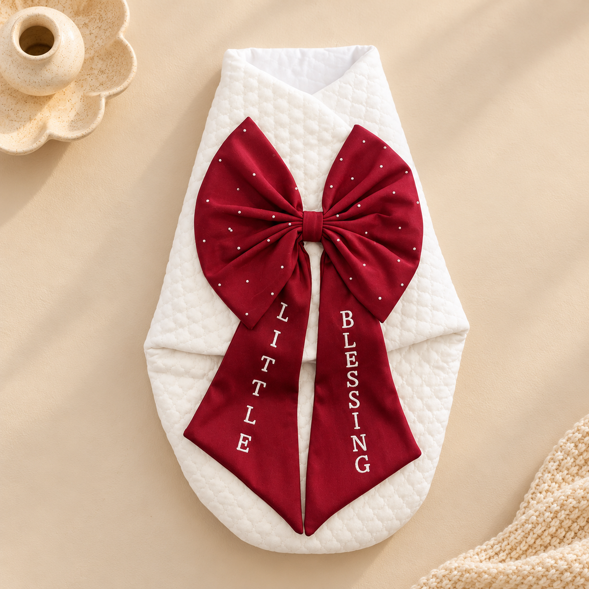 A white quilted baby wrap blanket styled flat-lay with a large deep red satin bow featuring white polka dots and the words 'BLESSED LITTLE BLESSING' printed vertically in white on the tails, set against a warm beige background with decorative props.