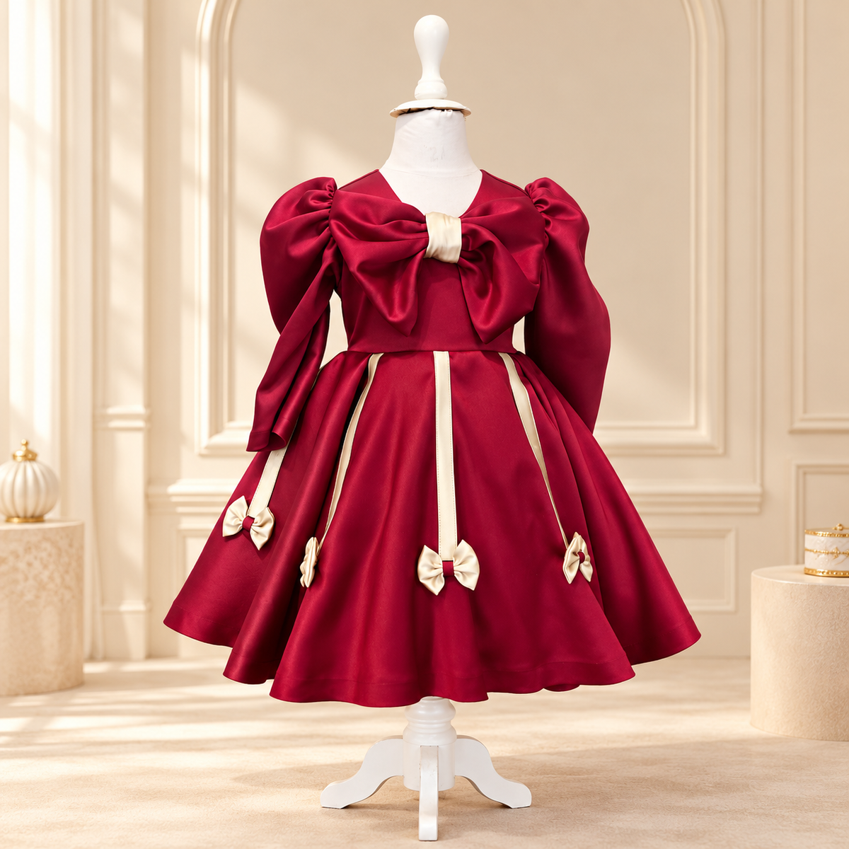 A toddler girl's formal dress displayed on a white mannequin in an elegant cream-colored room. The dress is deep burgundy red with large cream-colored bows on the shoulders, waist, and hem.