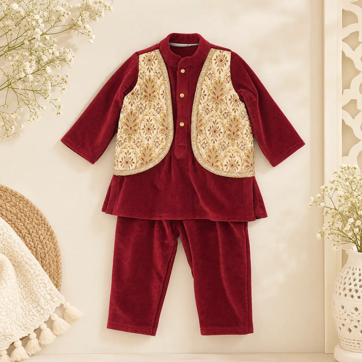 Mehroon  Ivory Velvet Kurta Set