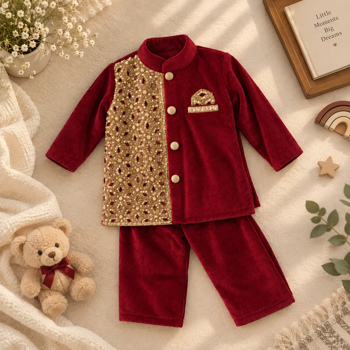 A baby boy's traditional Indian outfit set consisting of a deep red velvet jacket and pants, featuring a gold sequined vest panel on the front and a matching pocket square. The set is displayed in a styled flat-lay arrangement with a teddy bear, blanket, and small decorative items.