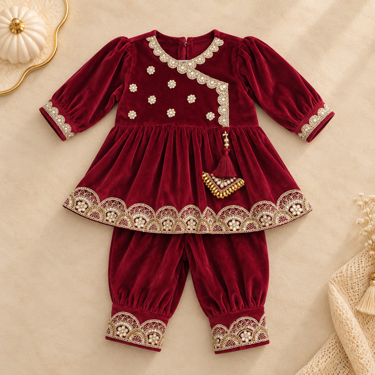 A baby girl's two-piece outfit consisting of a deep red velvet tunic top and matching pants, decorated with intricate gold and white floral lace trim and embroidered details, laid flat on a beige background.