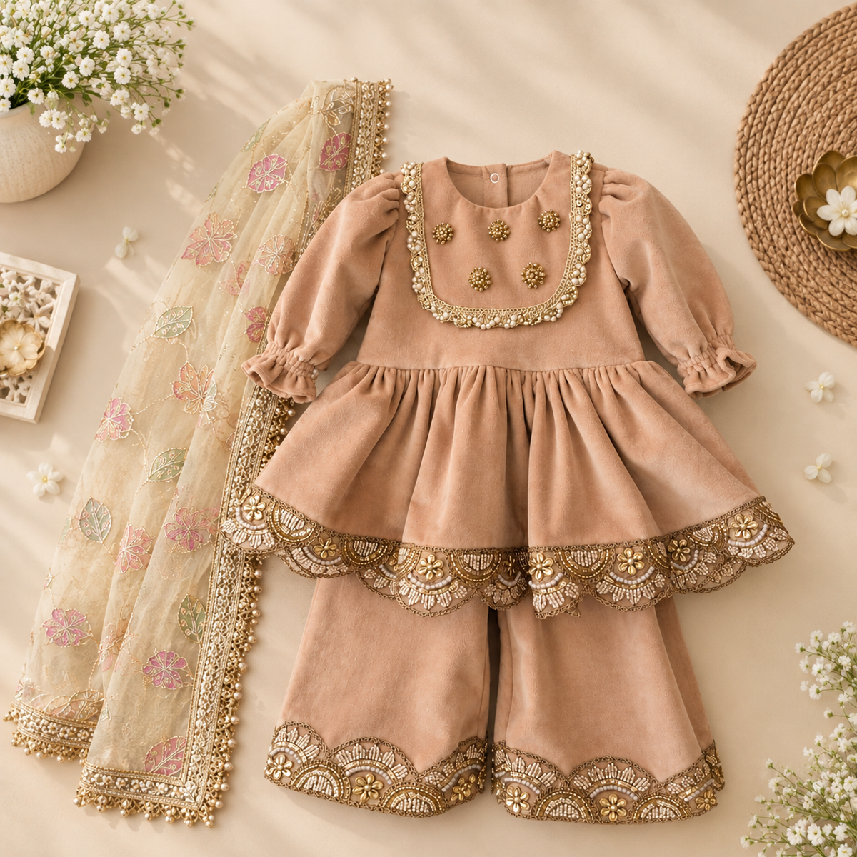 Meher Beige Embellished Girls Sharara Set