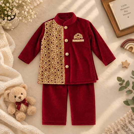 A baby boy's two-piece velvet outfit set in deep red, featuring a long-sleeve jacket with a gold sequined front panel and matching red pants, styled in a cozy flat-lay arrangement with a teddy bear, flowers, and a blanket.