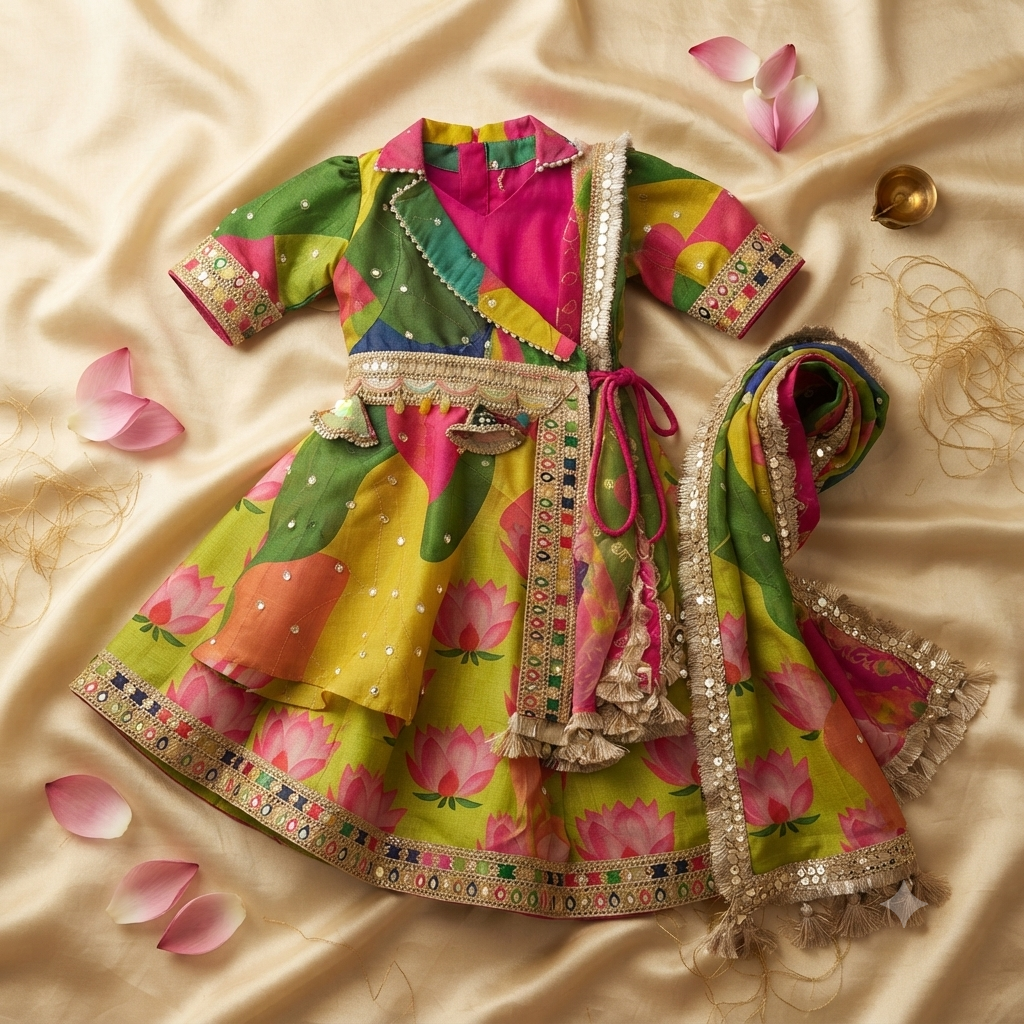 A colorful traditional Indian outfit laid flat on a beige satin background with pink flower petals and a small brass lamp. The outfit includes a bright pink collar, multicolor printed fabric with pink lotus motifs, silver mirror-work borders, and a matching dupatta.