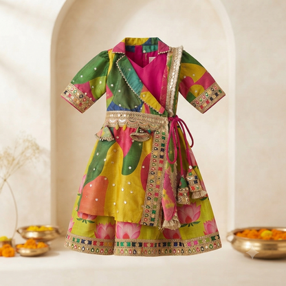 A colorful children's wrap dress with a vibrant multicolor print, gold mirror-work borders, and a matching tie belt, displayed on a mannequin in a warm, neutral arched studio setting.