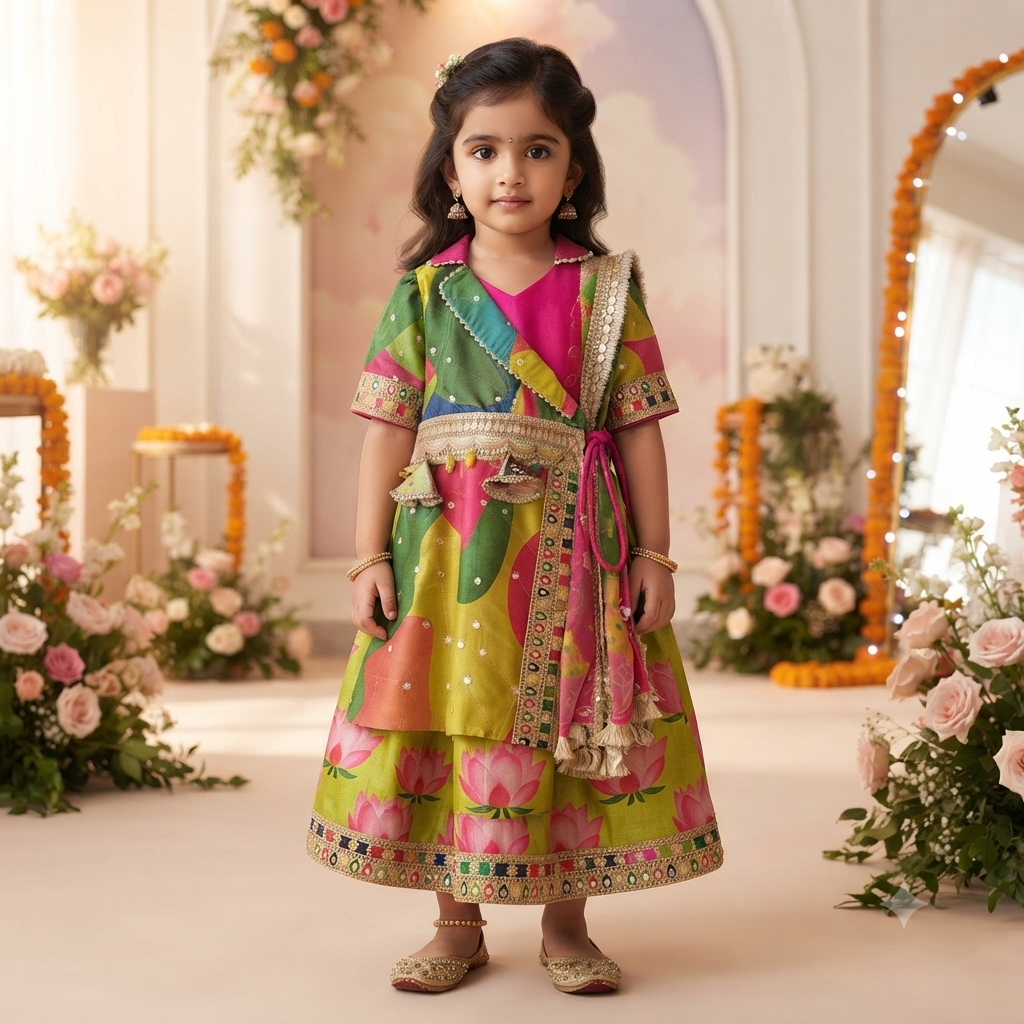 A young girl stands in a decorated indoor hall wearing a colorful printed traditional dress with pink and green floral patterns, a bright pink inner layer, and ornate gold-toned embellishments. The background features floral arrangements, arched doorways, and warm lighting.