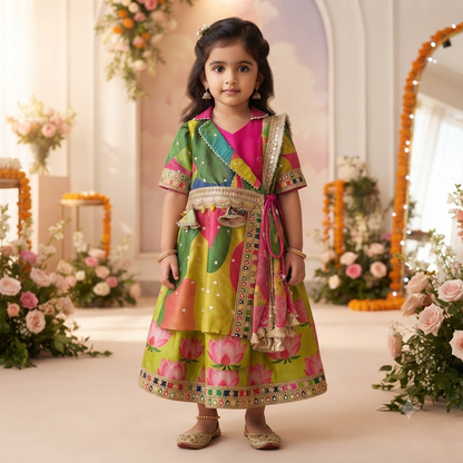 A young girl stands in a decorated indoor hall wearing a colorful printed traditional dress with pink and green floral patterns, a bright pink inner layer, and ornate gold-toned embellishments. The background features floral arrangements, arched doorways, and warm lighting.