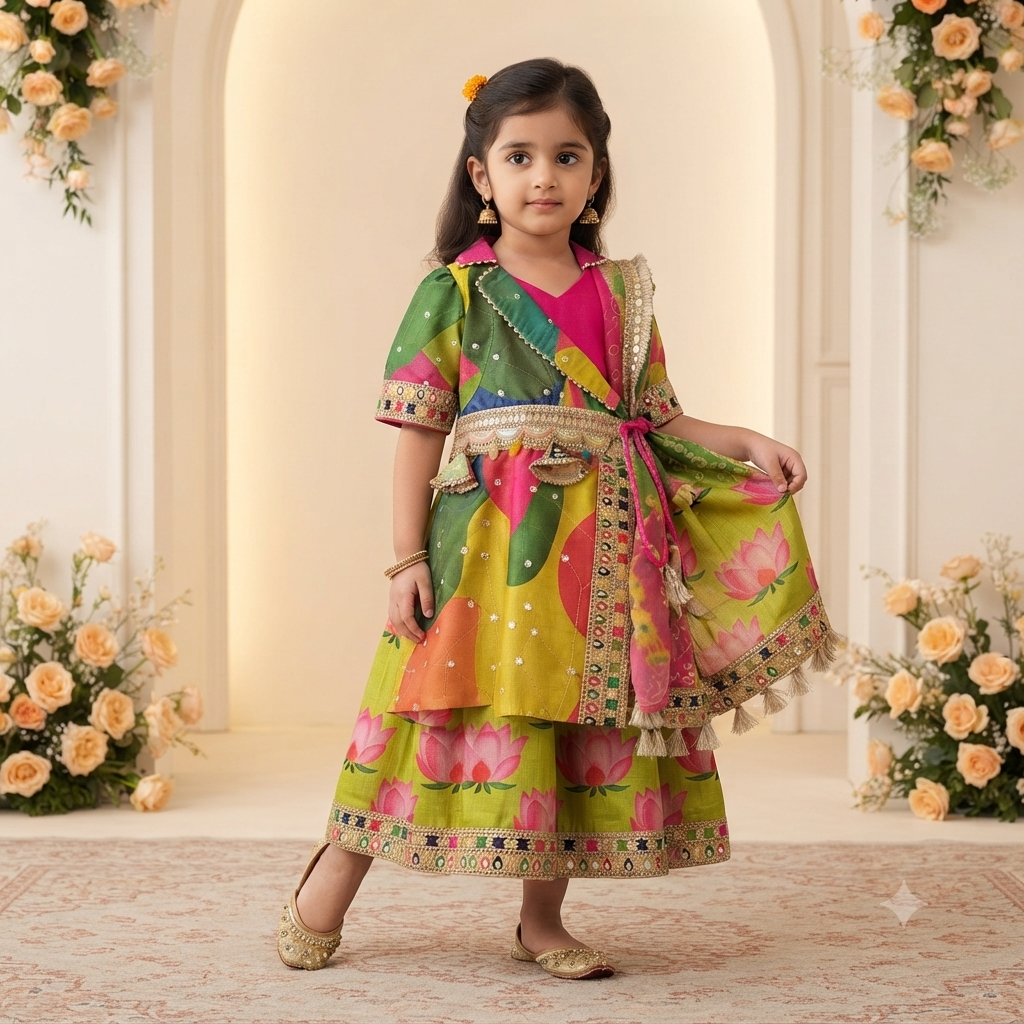 A young girl models a vibrant, multicolored traditional Indian dress with lotus prints, gold mirror work, and a matching dupatta in an elegant indoor setting with floral arches.