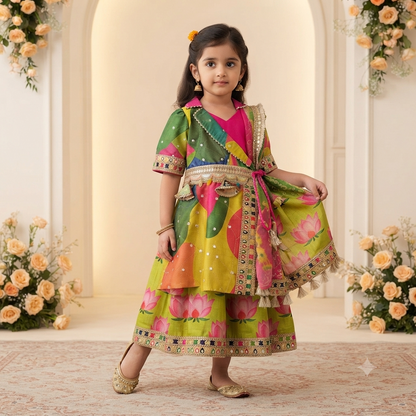 A young girl models a vibrant, multicolored traditional Indian dress with lotus prints, gold mirror work, and a matching dupatta in an elegant indoor setting with floral arches.