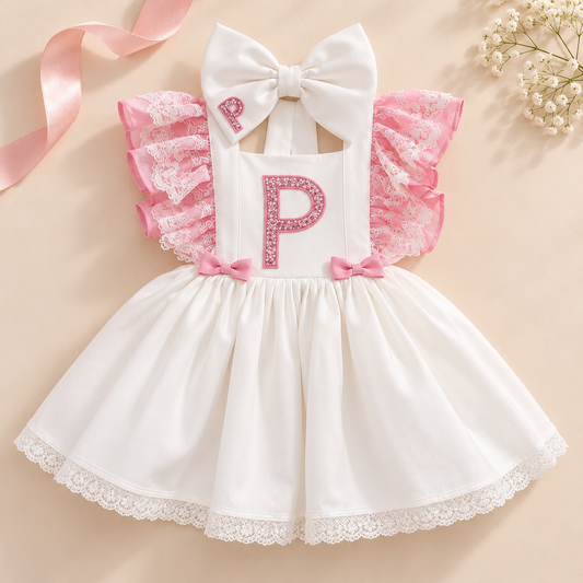 A baby girl's white and pink dress with a large white bow at the neckline, a white skirt with lace trim, and pink ruffled sleeves. The front has a white bib-style panel with a pink glittery letter 'P' and small pink bows at the hips.