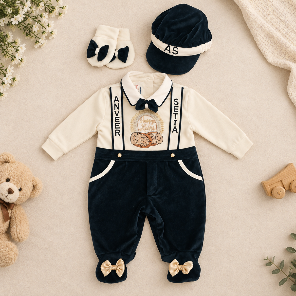 A baby boy's three-piece outfit set featuring a cream and navy velvet romper with suspenders, a matching navy cap, and navy booties with cream bows, styled in a flat lay with a teddy bear, flowers, and a toy car on a beige background.