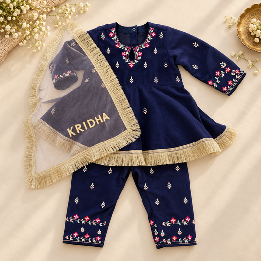 Navy Floral Embroidered Suit Set