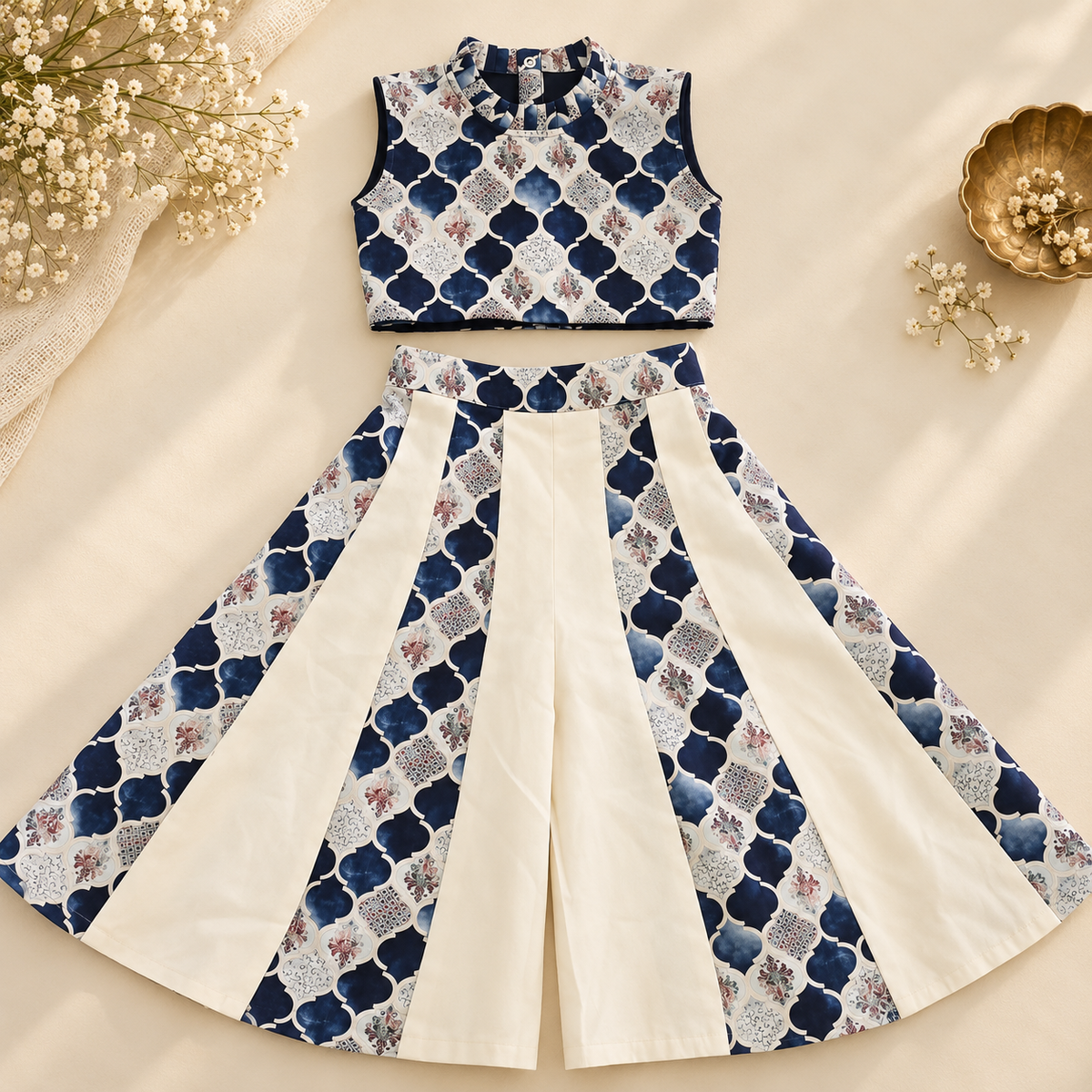 A two-piece girls' outfit set featuring a sleeveless crop top and matching wide-leg pants, styled in a flat lay on a beige fabric background with decorative dried flowers.