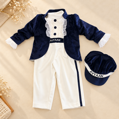 A children's formal outfit set laid flat on a beige fabric background, including a navy velvet jacket with white lace trim and buttons, white pants with a navy side stripe, and a matching navy cap with 'AVYAAN' text. Decorative dried flowers appear at the corners.