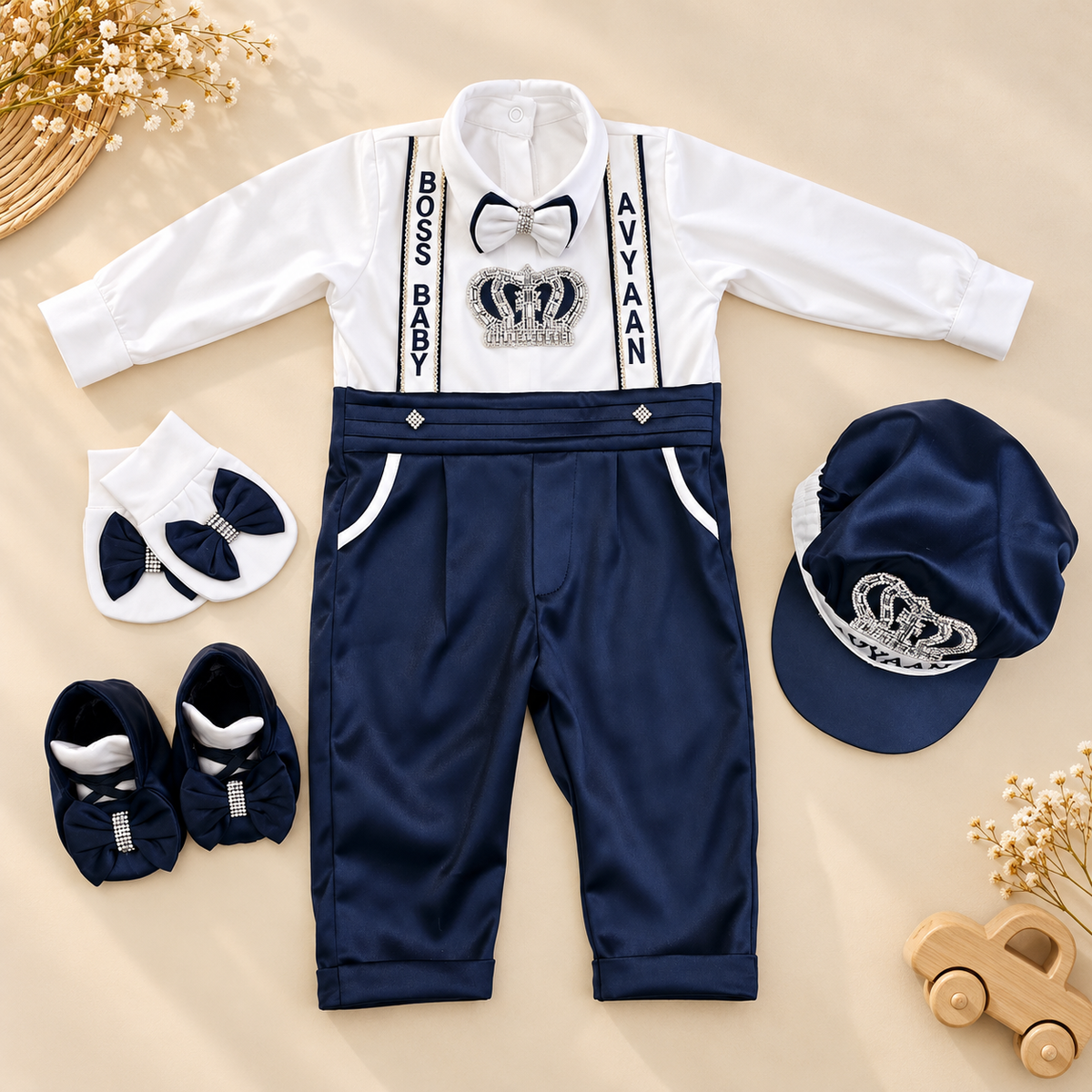 A baby boy's formal outfit set laid flat on a beige background, including a white long-sleeve shirt with navy suspenders and a silver crown graphic, navy pants, navy bow tie socks, a navy cap with a silver crown, and navy baby shoes. Decorative dried flowers and a wooden toy car are placed around the set.