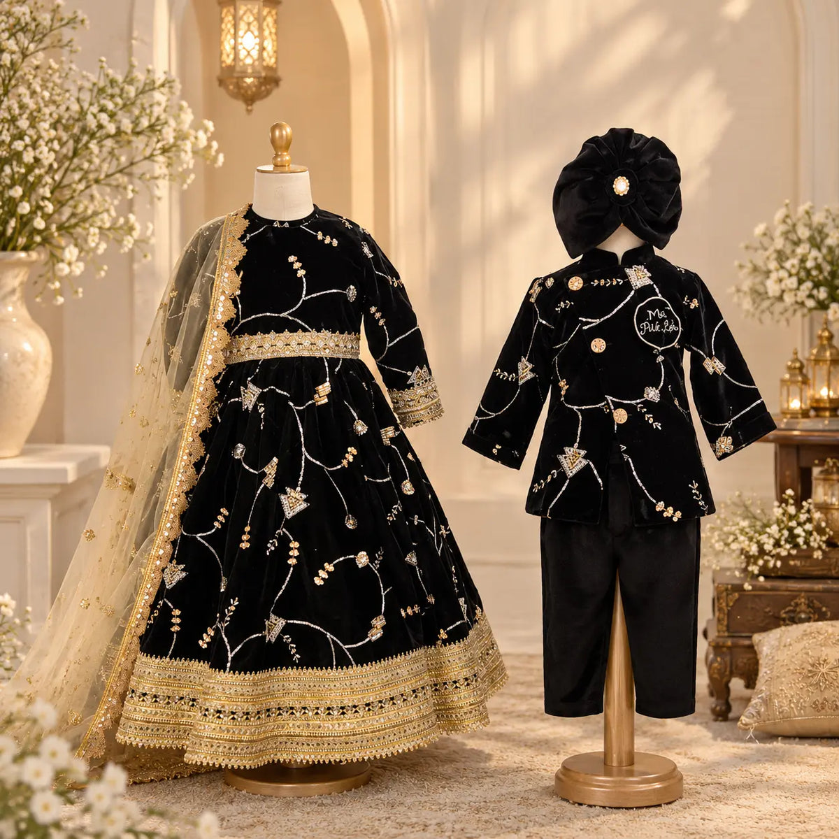 A children's traditional outfit displayed on mannequins in an elegant indoor setting. One mannequin shows the front of a black velvet dress with gold floral embroidery, a gold-trimmed hem, and a sheer gold dupatta.