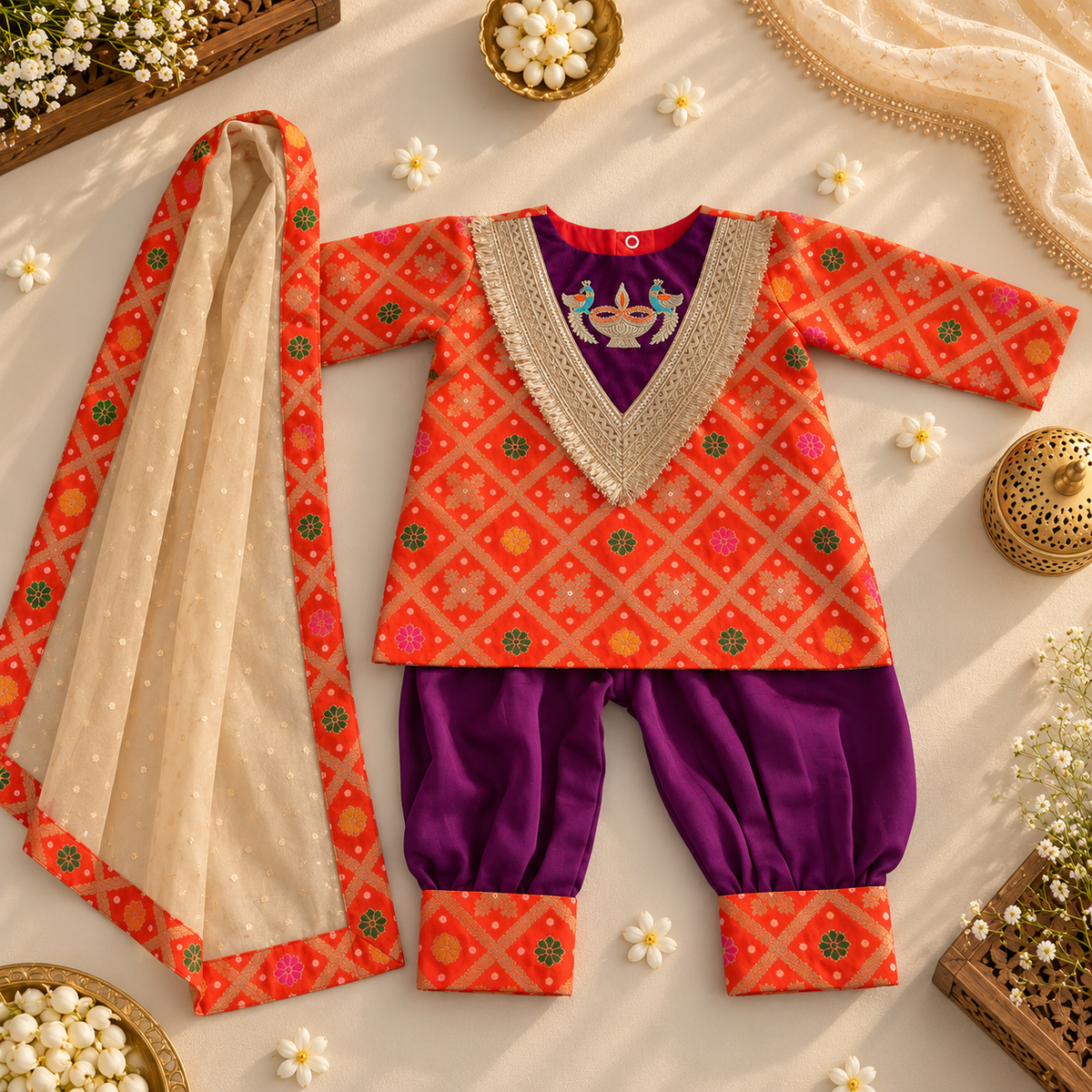 A baby boy's traditional Indian outfit laid flat on a cream fabric background. The set includes an orange kurta with a geometric floral pattern, a purple inner lining and harem pants, and a beige dupatta with a matching orange border.