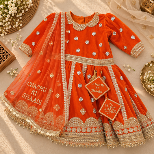 A bright orange traditional Indian dress set for a girl, featuring a velvet kurta with silver mirror-work embroidery, a matching sheer dupatta with gold text, and decorative hanging tags, styled on a beige fabric background with floral props.