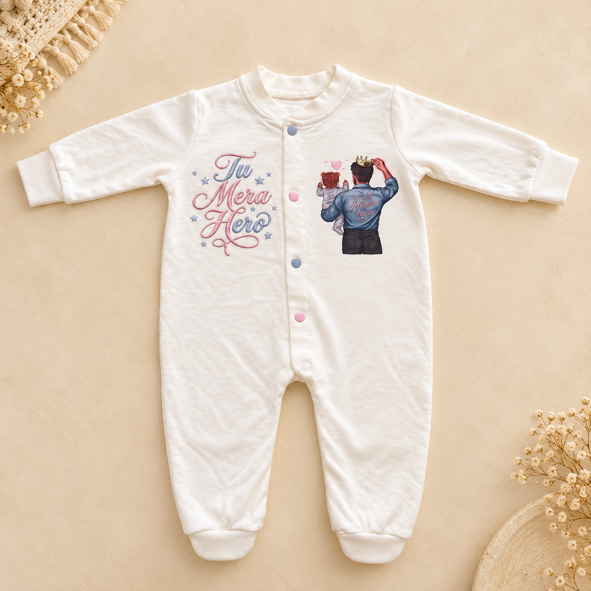 A white long-sleeve baby footed sleeper with a button-up front, featuring 'The Mera Hero' text and a graphic of a baby dressed as a hero on the front, laid flat on a beige background with decorative dried flowers.